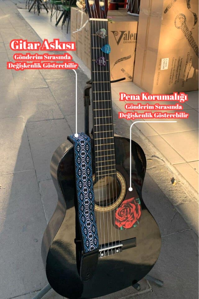 LB44290 Black & Rose 4/4 Siyah Klasik Gitar (Kılıf, Gitar Sehpası, Askılık, Pena, Kapo Hediyeli)
