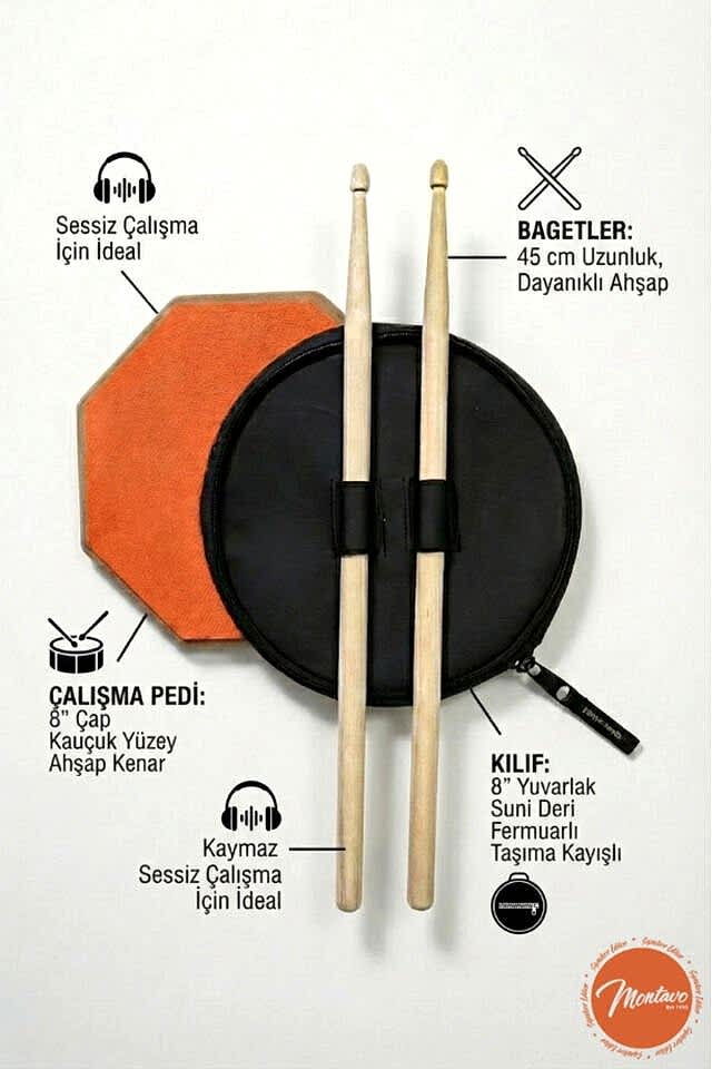 Bateri Davul Drum Pratik Çalışma Pedi Pad Turuncu ( 1 Çift Baget + Kılıf Hediye )