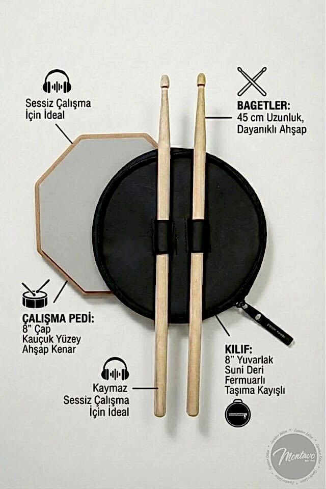 Bateri Davul Drum Pratik Çalışma Pedi Pad Gri ( 1 Çift Baget + Kılıf Hediye )
