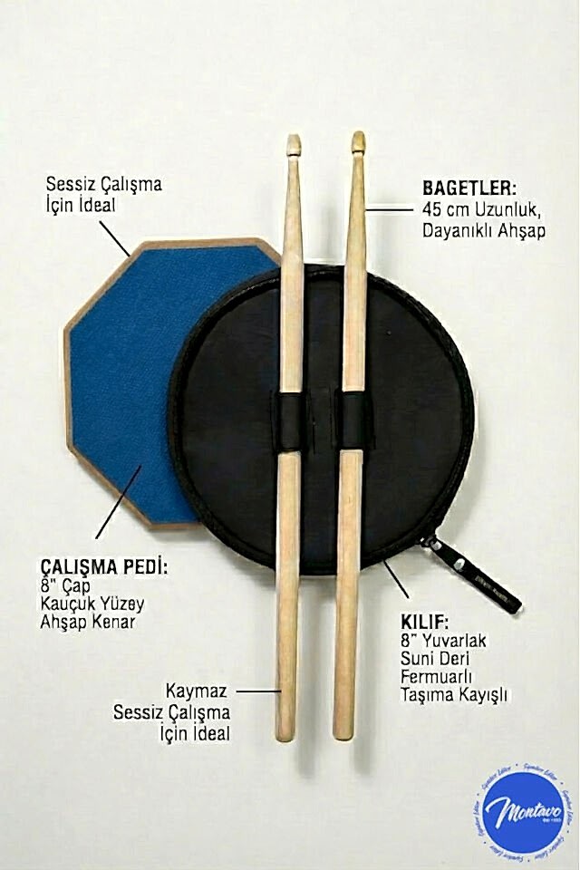Bateri Davul Drum Pratik Çalışma Pedi Pad Mavi ( 1 Çift Baget + Kılıf Hediye )