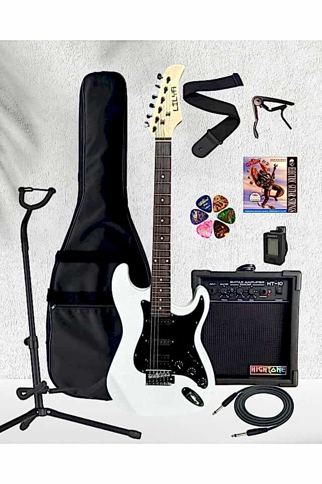 Lilya HSS Beyaz Elektro Gitar Amfi Kulaklık FULL SET