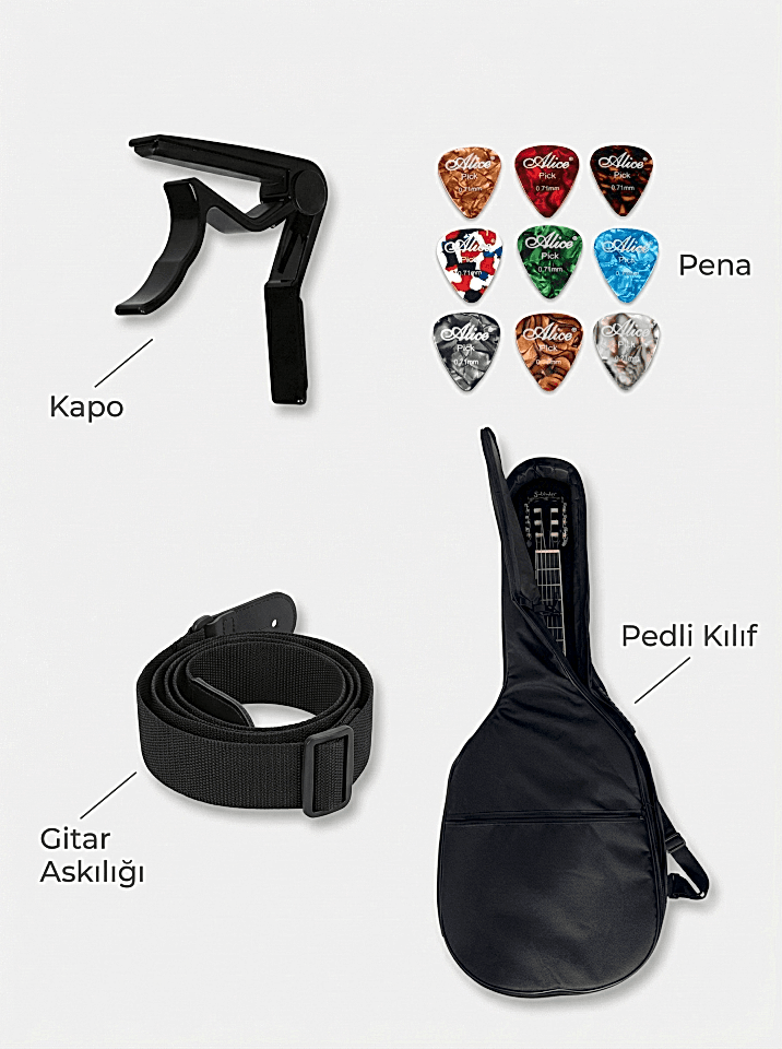 YNK2003C | Klasik Gitar Kesik Kasa Cutaway Sap Ayarlı -  (Pedli Kılıf, Kapo, Pena ve Gitar Askısı Hediye)